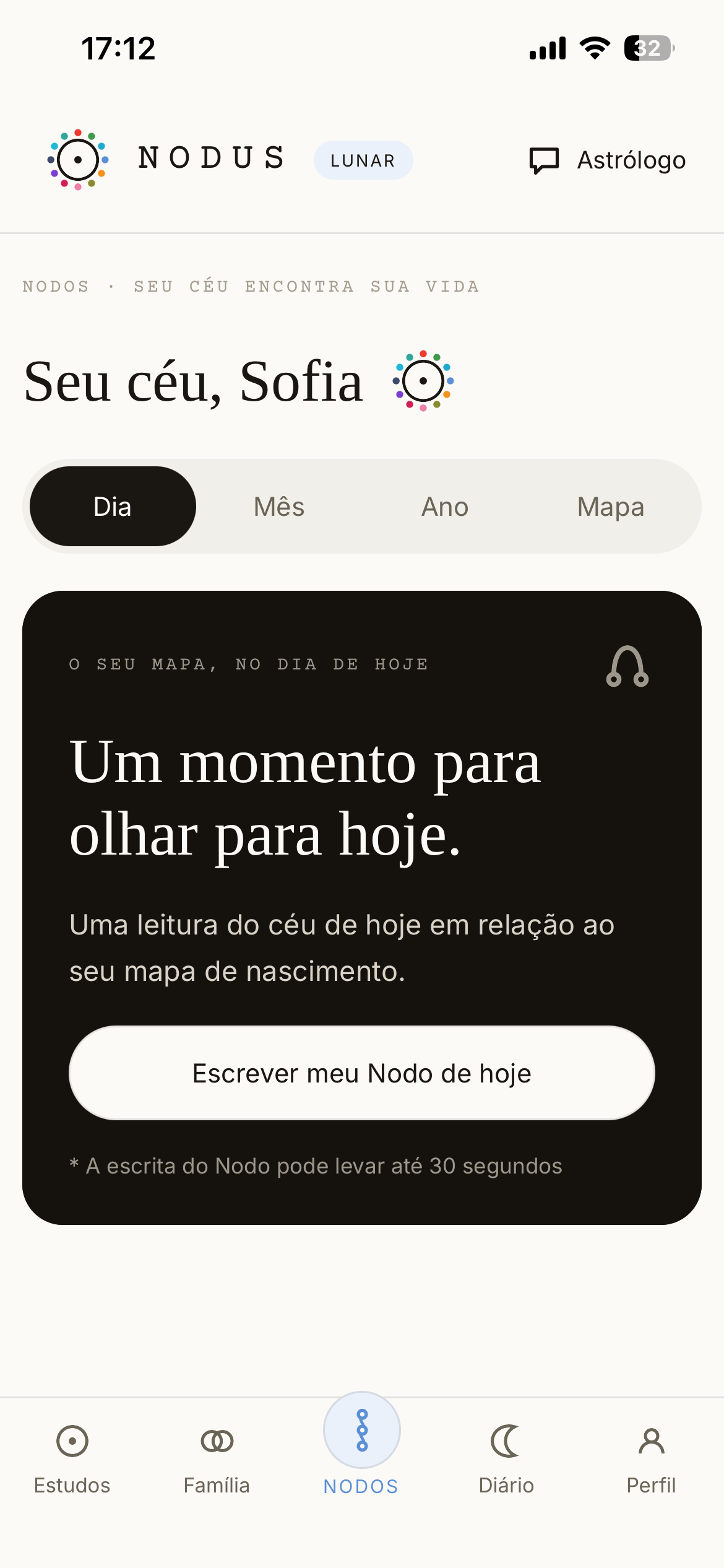 Tela do Nodo diário no aplicativo Nodus