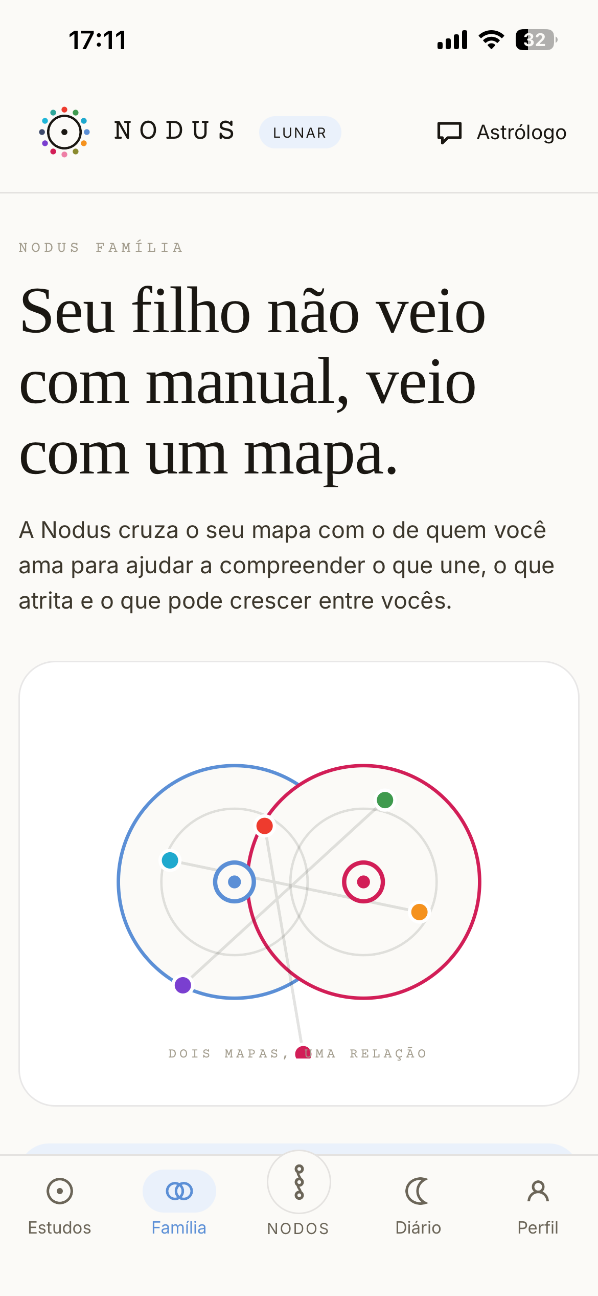 Tela das leituras de família no aplicativo Nodus
